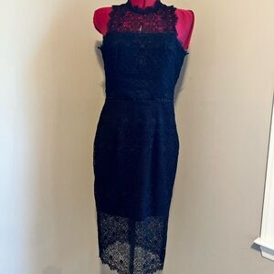 Designer Formal Lace High Neck Sleeveless Little Black Dress